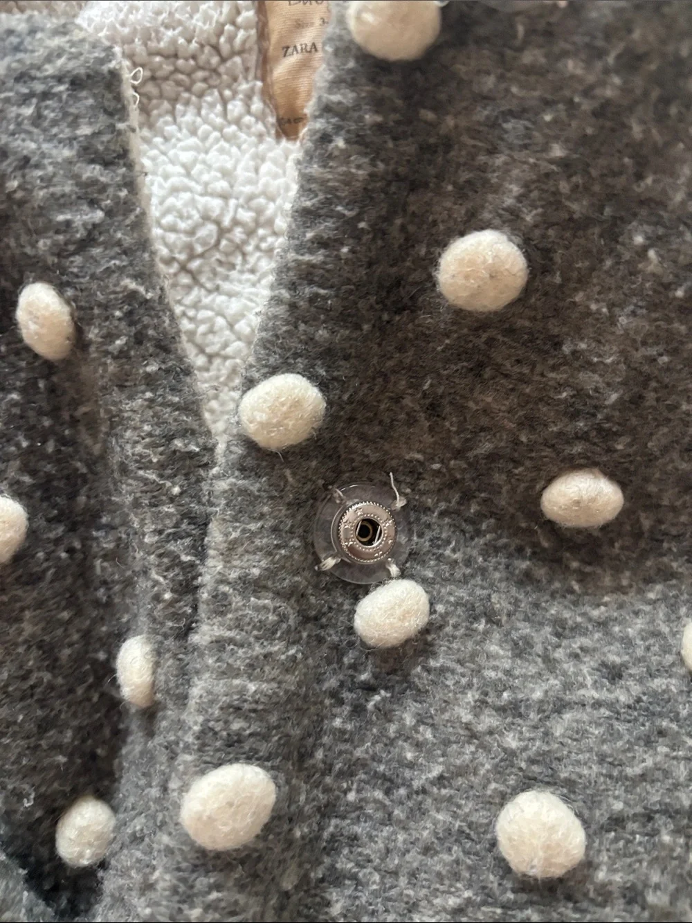 Zara Gray Hooded Coat with Cream Pom Accents sz3-4